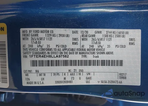 2020 Ford Ranger Xlt z USA, uszkodzony, nr VIN 1FTER4EH8LLA97582